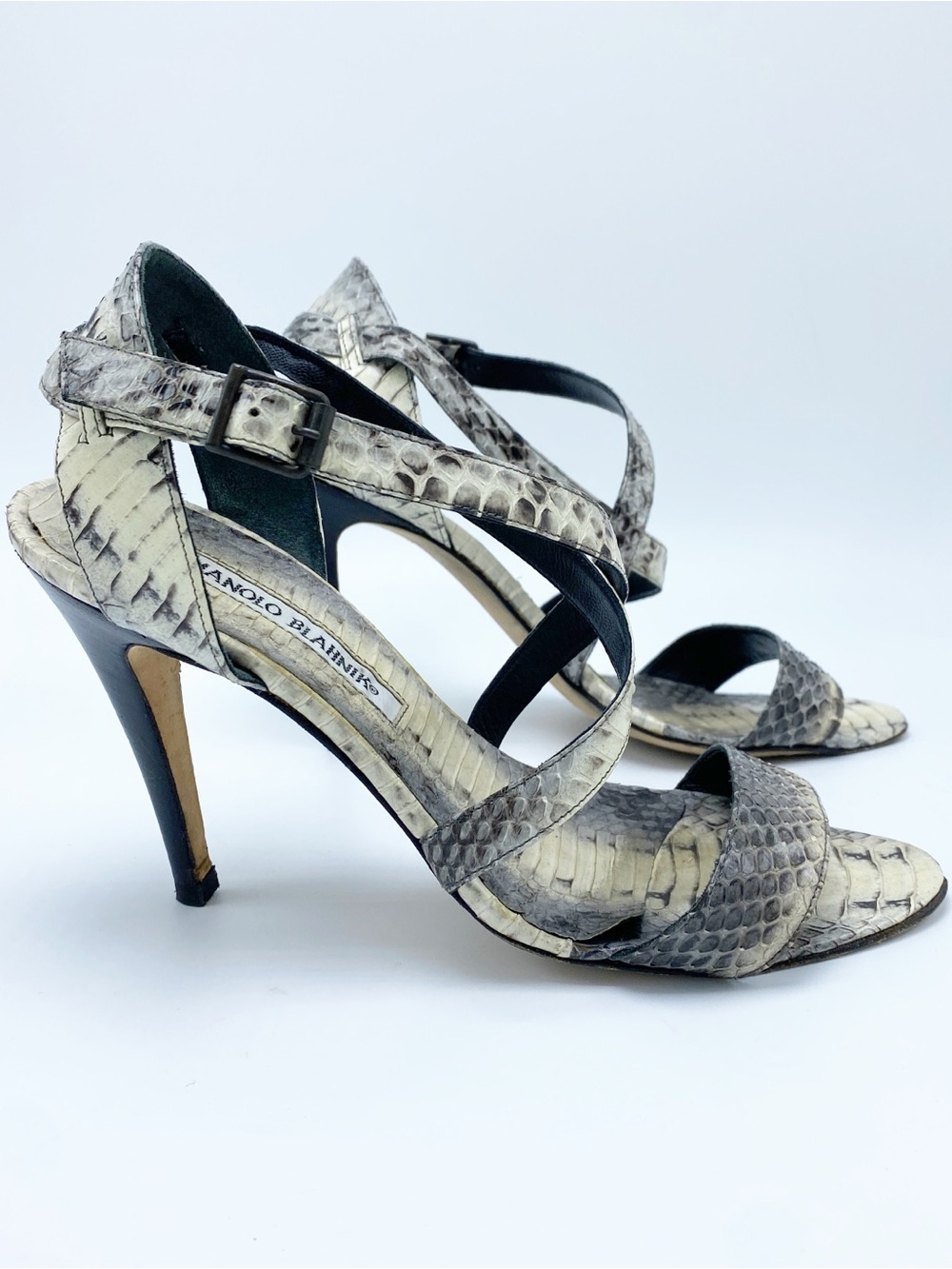 Manolo Blahnik 36.5 Neutral Snake-Print Leather Strappy Heels Sandals